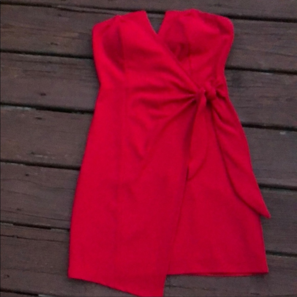 Red strapless shirt dress